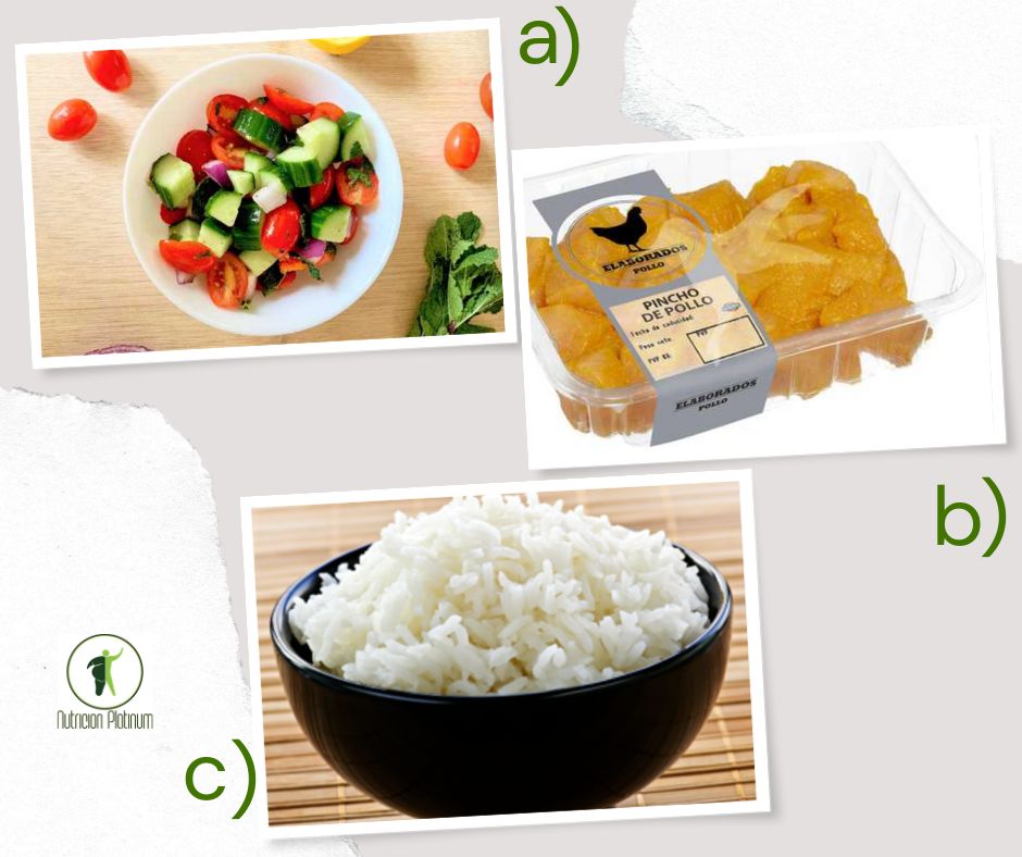 Ensalada Mediterranea con pinchos de pollo y arroz blanco.